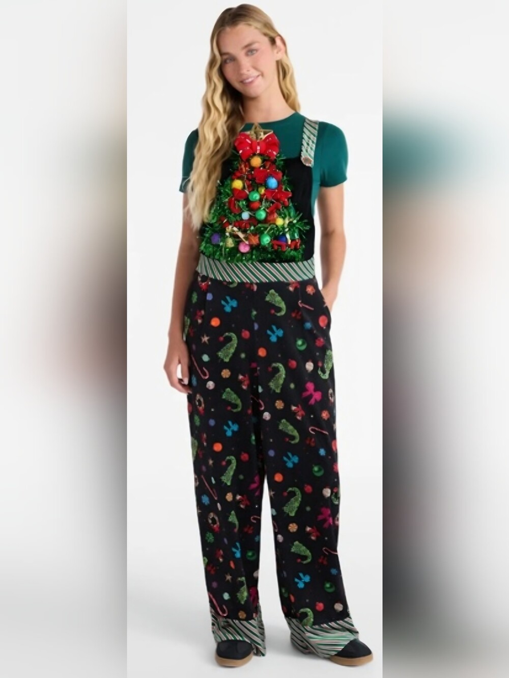 No Boundaries Black Velvet Holiday Print Overalls with Christmas Tree Size 20